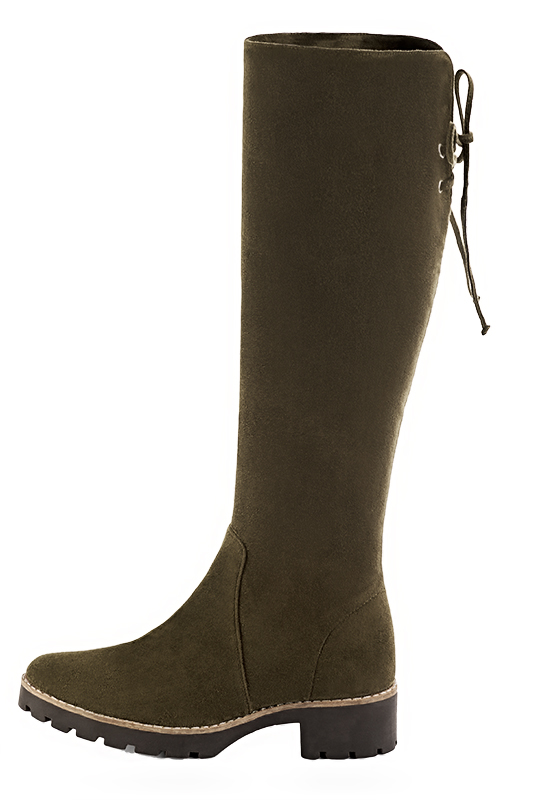 Khaki green women's knee-high boots, with laces at the back. Round toe. Low rubber soles. Made to measure. Profile view - Florence KOOIJMAN